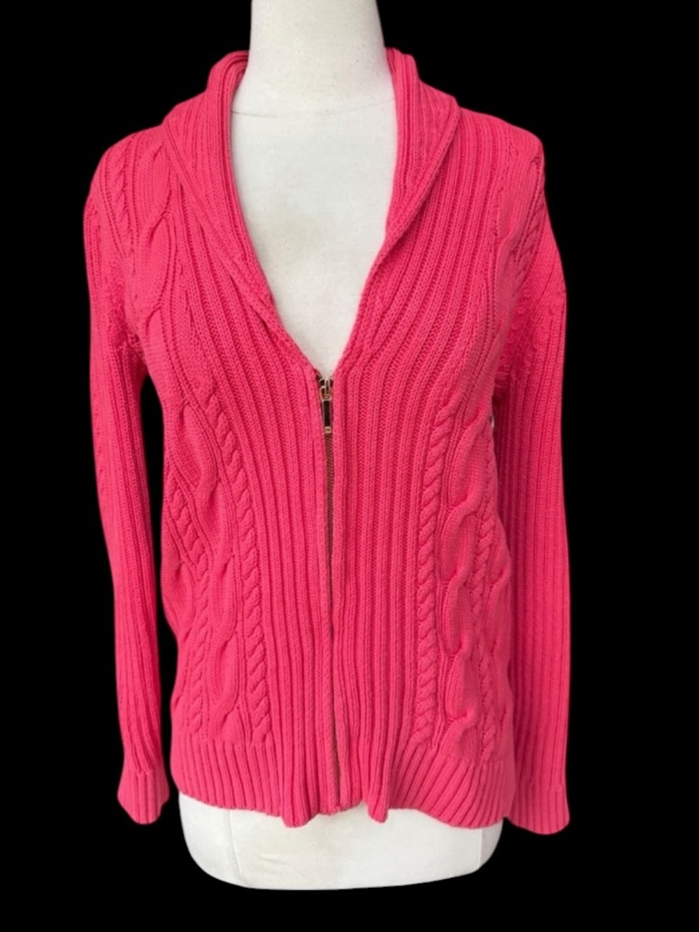 Y2K Chaps 100% Cotton Bright Coral Shawl Collar Front Zip Cable‎ Knit Cardigan